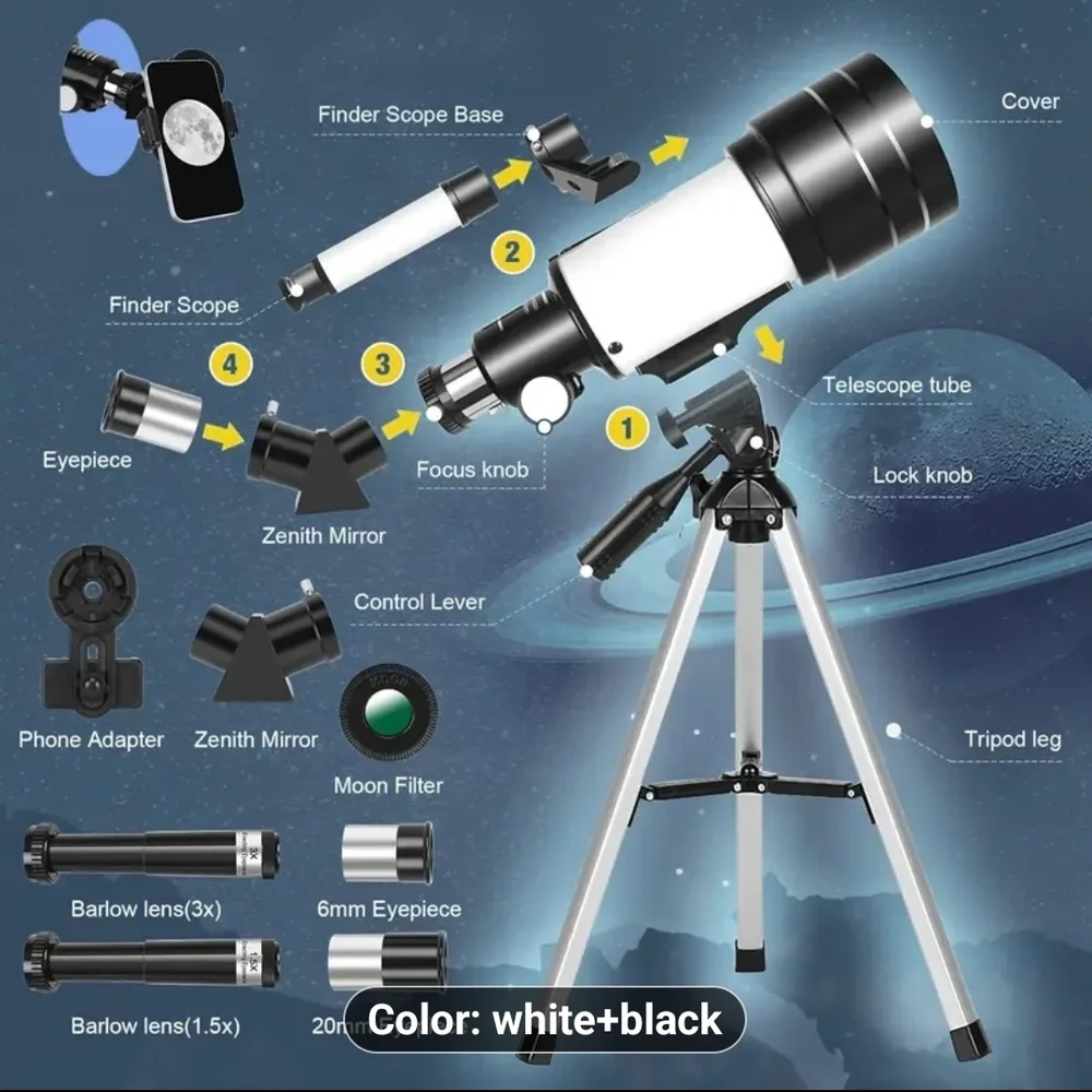 High-Performance Black and White Telescope with Smartphone Adapter